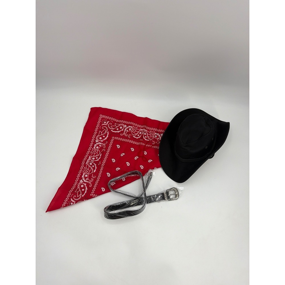 3pc Western Cowboy Costume Set Black Hat Red Paisley Bandana Faux Leather Belt